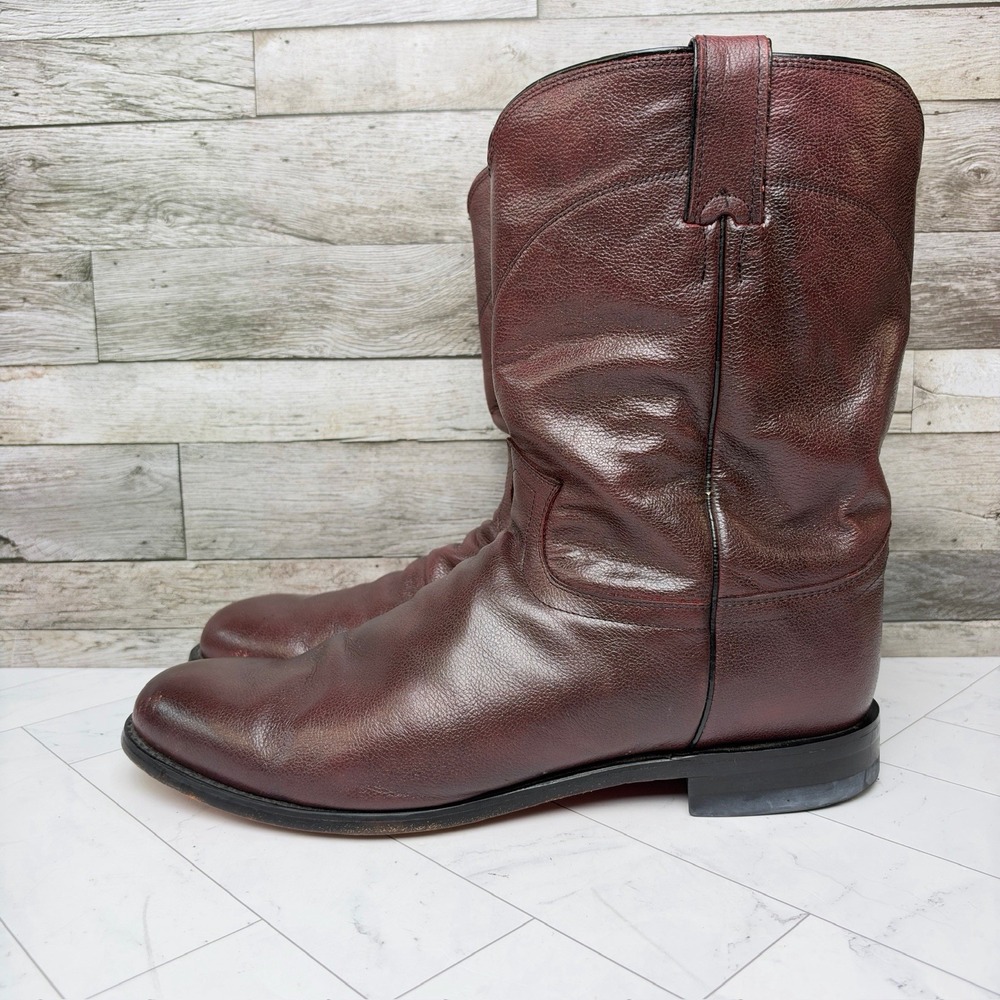 Justin 3435 Boots - Men's 13 D - Classic Roper Toe Black Cherry Corona Cowhide